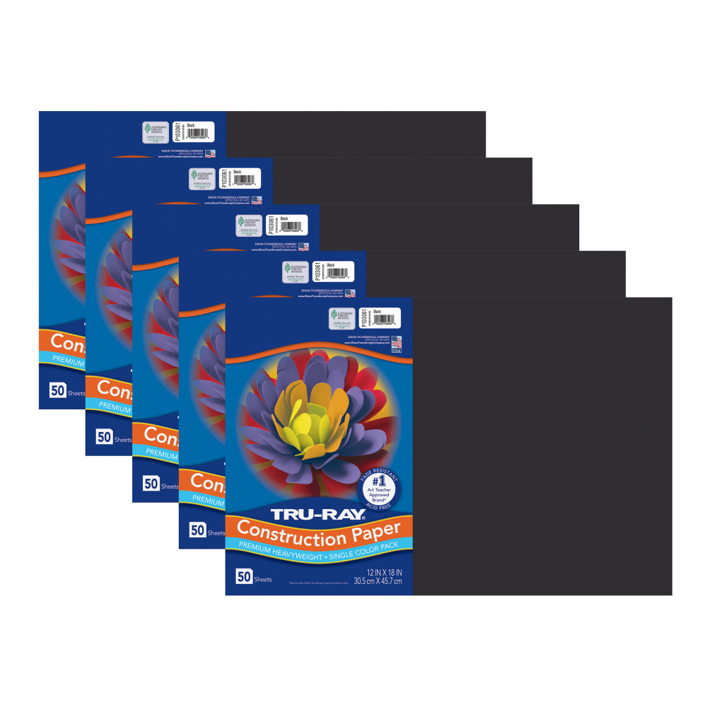 Tru-Ray Construction Paper, Heavyweight, 12in x 18in, Black, 50 Sheets Per Pack, Set Of 5 Packs MPN:PAC103061-5