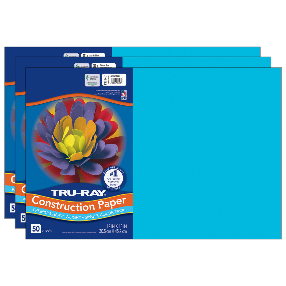 Tru-Ray Construction Paper, Heavyweight, 12in x 18in, Atomic Blue, 50 Sheets Per Pack, Set Of 3 Packs MPN:PAC103401-3