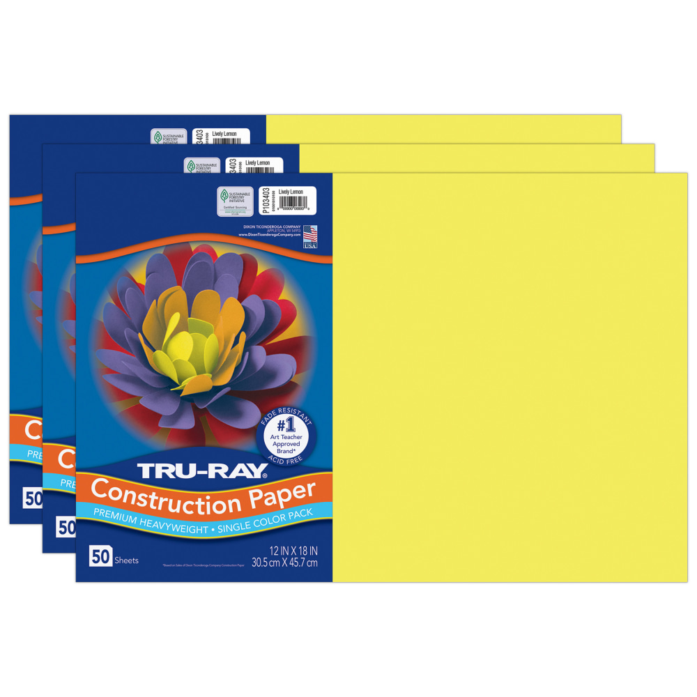 Tru-Ray Construction Paper, Heavyweight, 12in x 18in, Lively Lemon, 50 Sheets Per Pack, Set Of 3 Packs MPN:PAC103403-3