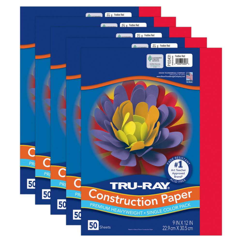 Tru-Ray Construction Paper, Heavyweight, 9in x 12in, Red, 50 Sheets Per Pack, Set Of 5 Packs MPN:PAC103431-5