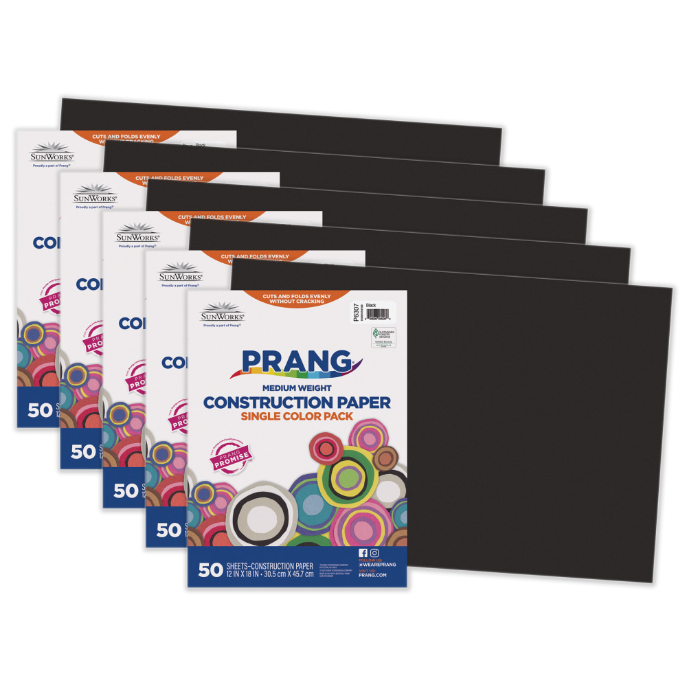 Prang Construction Paper, Medium Weight, 12in x 18in, Black, 50 Sheets Per Pack, Set Of 5 Packs MPN:PAC6307-5