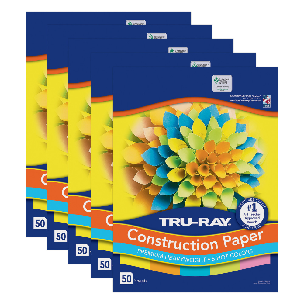 Tru-Ray Construction Paper, Heavyweight, 9in x 12in, 5 Assorted Hot Colors, 50 Sheets Per Pack, Set Of 5 Packs MPN:PAC6596-5