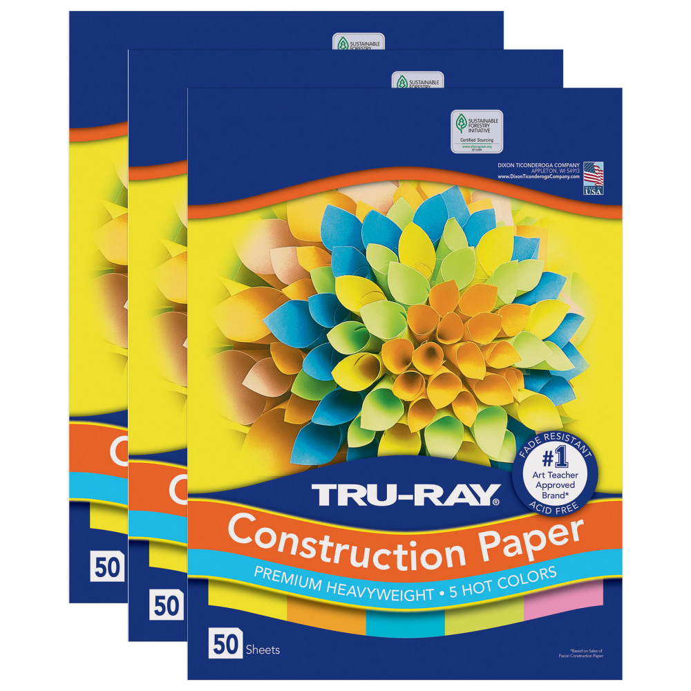 Tru-Ray Construction Paper, Heavyweight, 12in x 18in, 5 Assorted Hot Colors, 50 Sheets Per Pack, Set Of 3 Packs MPN:PAC6597-3