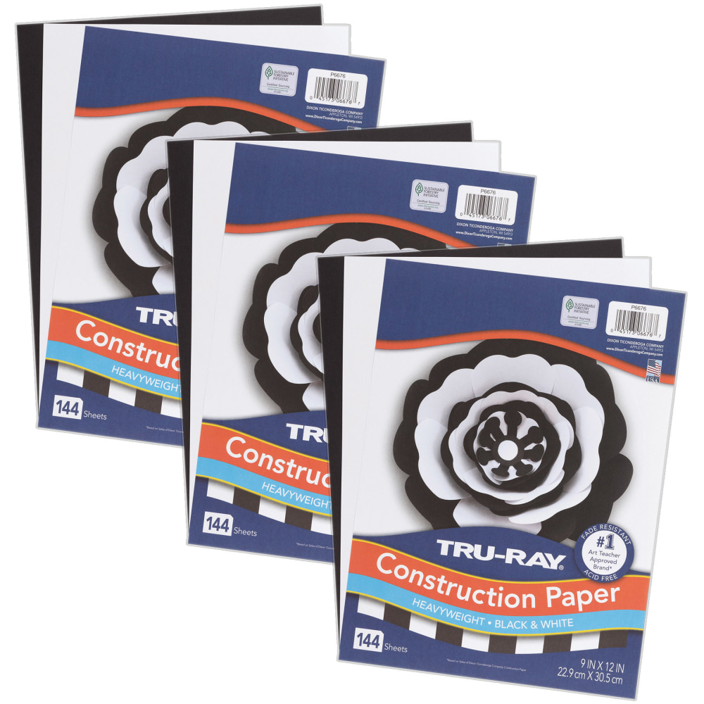 Tru-Ray Construction Paper, Heavyweight, 9in x 12in, Black & White, 144 Sheets Per Pack, Set Of 3 Packs MPN:PAC6676-3