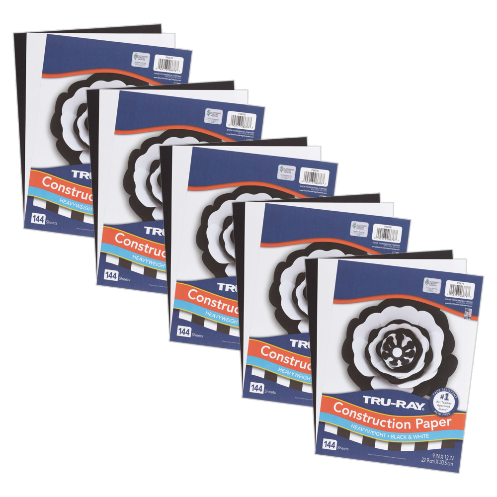 Tru-Ray Construction Paper, Heavyweight, 9in x 12in, Black & White, 144 Sheets Per Pack, Set Of 5 Packs MPN:PAC6676-5