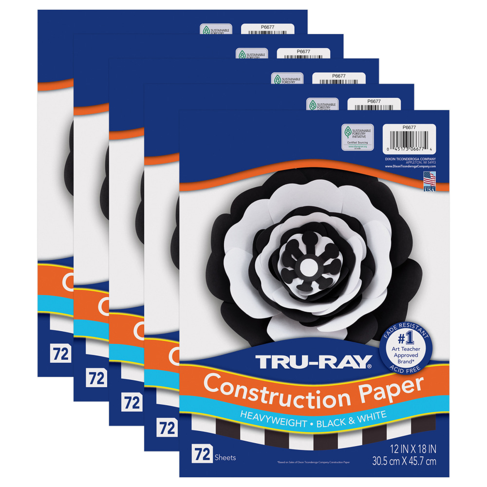Tru-Ray Construction Paper, Heavyweight, 12in x 18in, Black & White, 72 Sheets Per Pack, Set Of 5 Packs MPN:PAC6677-5