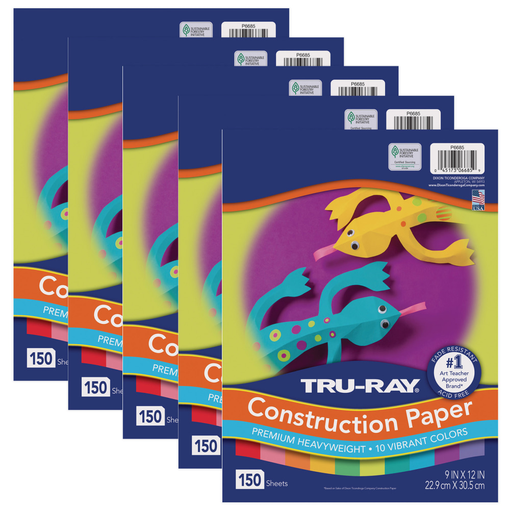 Tru-Ray Construction Paper, Heavyweight, 9in x 12in, 10 Vibrant Colors, 150 Sheets Per Pack, Set Of 5 Packs MPN:PAC6685-5