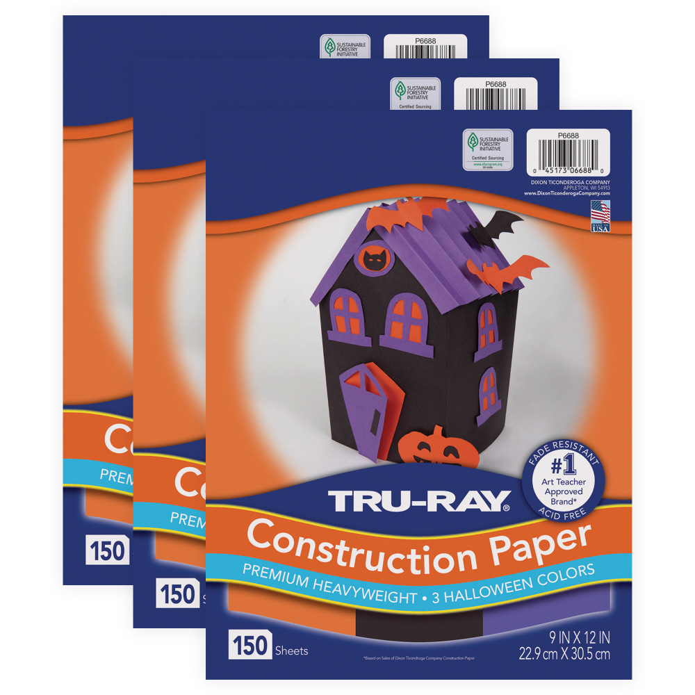 Tru-Ray Construction Paper, Heavyweight, 9in x 12in, Halloween Assortment, Black, Orange, Purple, 150 sheets Per Pack, Set Of 3 Packs MPN:PAC6688-3