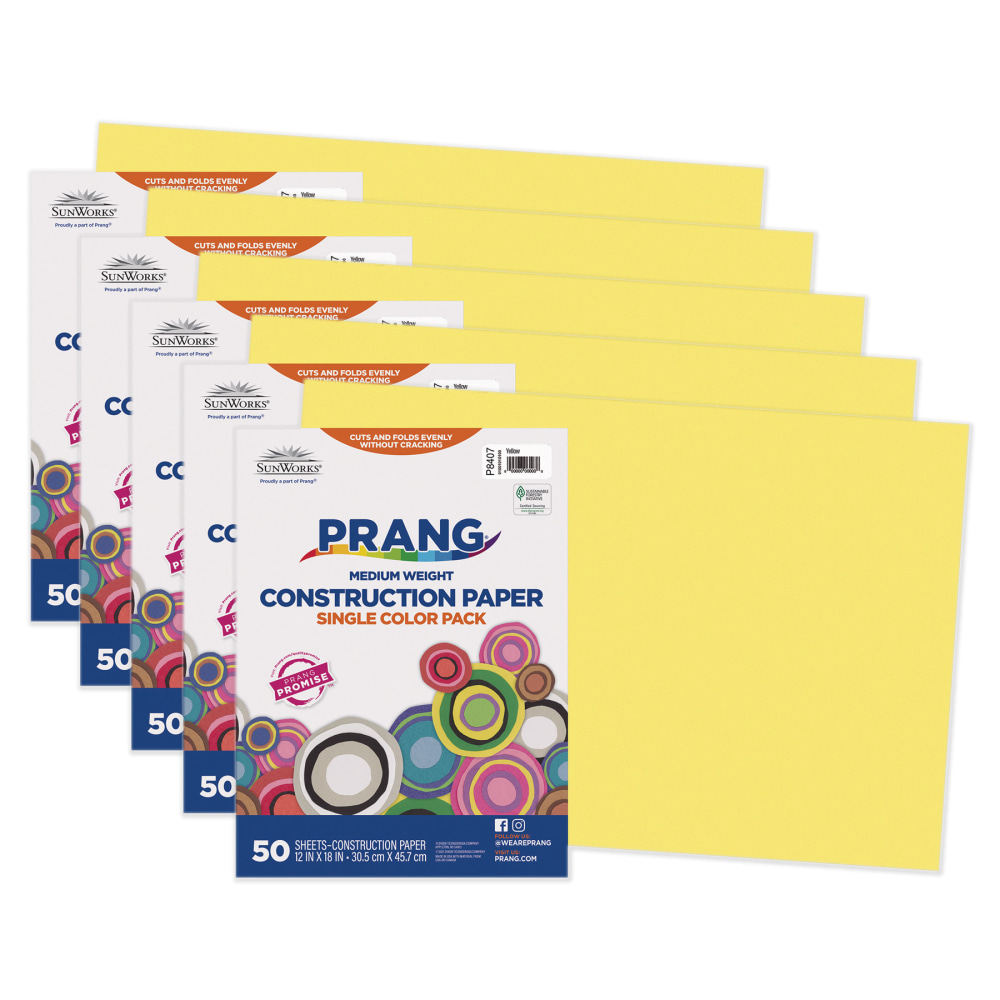 Prang Construction Paper, Medium Weight, 12in x 18in, Yellow, 50 Sheets Per Pack, Set Of 5 Packs MPN:PAC8407-5
