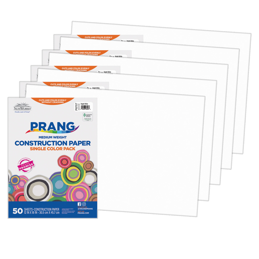 Prang Construction Paper, Medium Weight, 12in x 18in, Bright White, 50 Sheets Per Pack, Set Of 5 Packs MPN:PAC8707-5