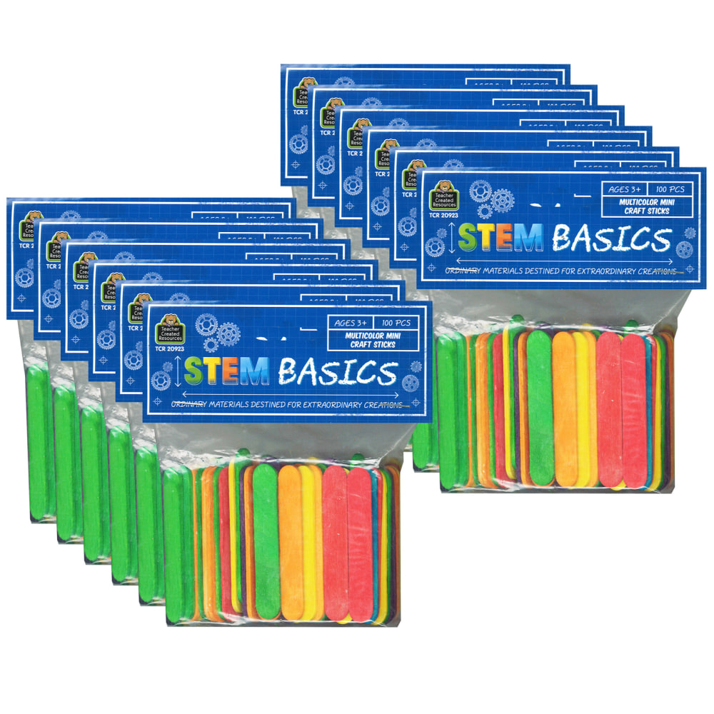 Teacher Created Resources STEM Basics: Multicolor Mini Craft Sticks, 100 Per Pack, Set Of 12 Packs MPN:TCR20923-12
