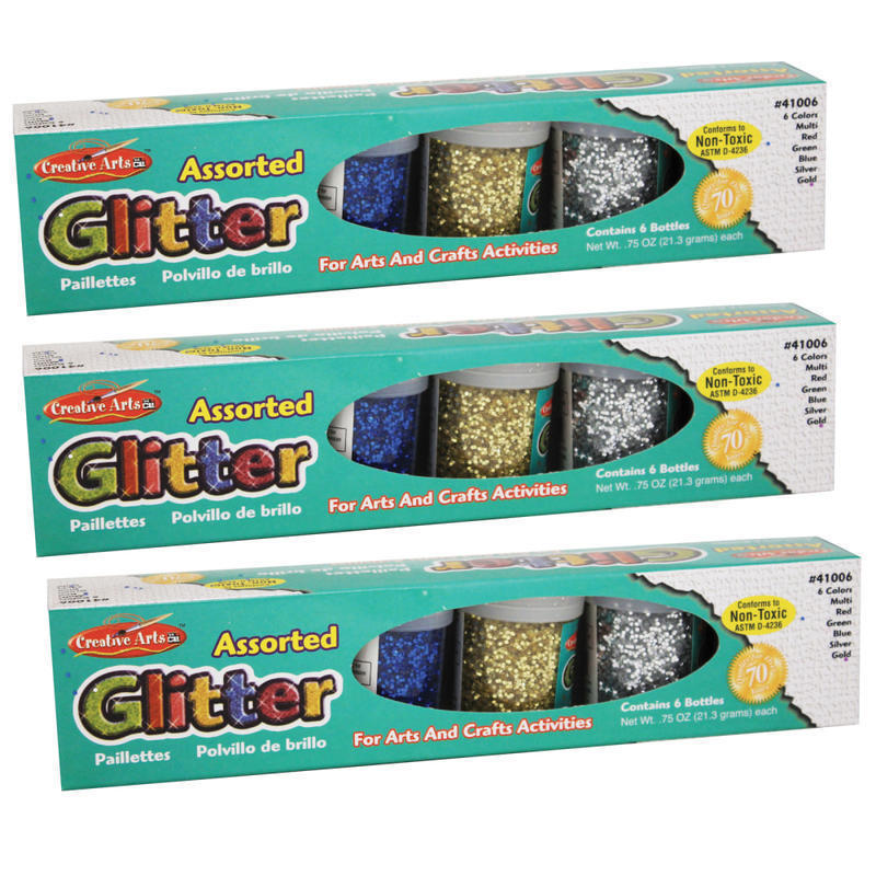 Charles Leonard Creative Arts Glitter Sets, Assorted Colors, 0.75 Oz, 6 Containers Per Pack, Set Of 3 Packs MPN:CHL41006-3