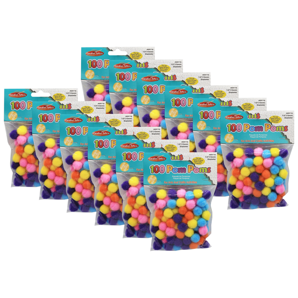 Charles Leonard Pom-Poms, 1/2in, Hot Colors, 100 Pom-Poms Per Pack, Set Of 12 Packs MPN:CHL69116-12