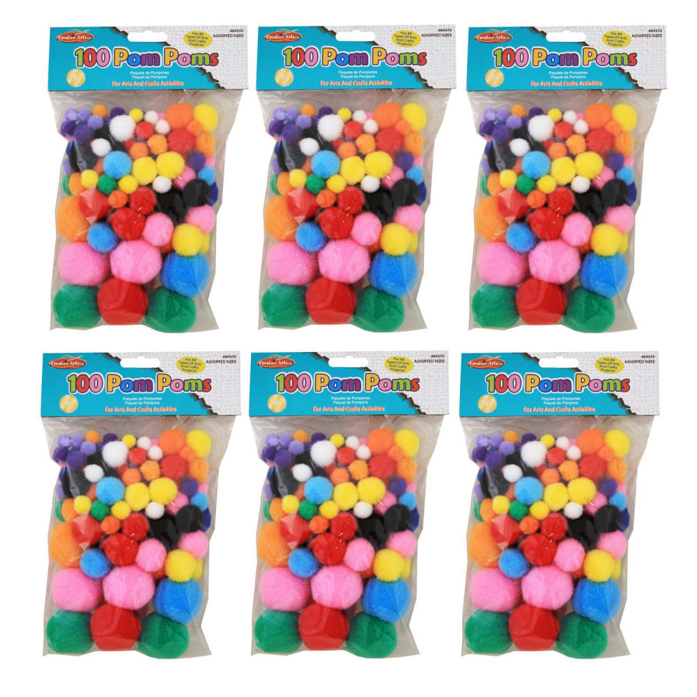 Charles Leonard Pom-Poms, Assorted Colors, 100 Pom-Poms Per Pack, Set Of 6 Packs MPN:CHL69310-6
