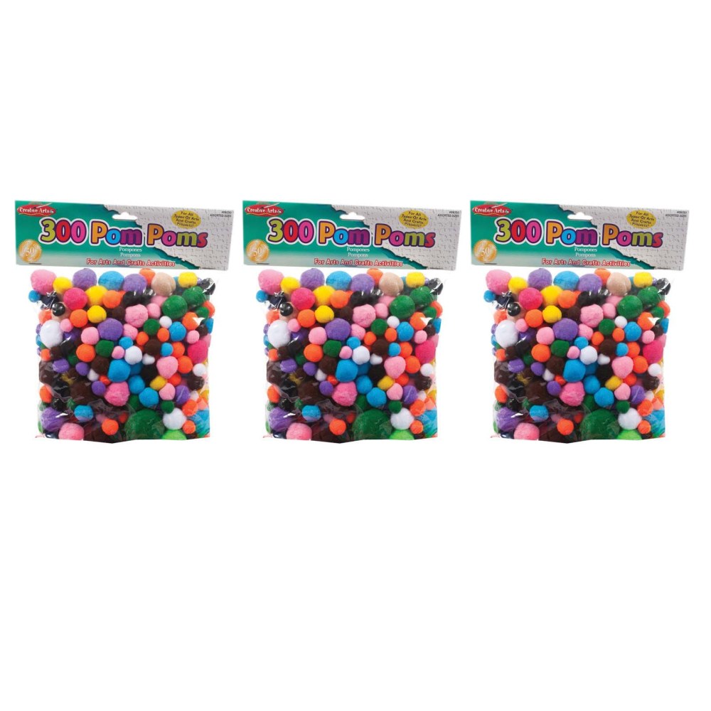 Charles Leonard Creative Arts Pom-Poms, Assorted Sizes, Assorted Colors, 300 Pom-Poms Per Pack, Set Of 3 Packs MPN:CHL69330-3
