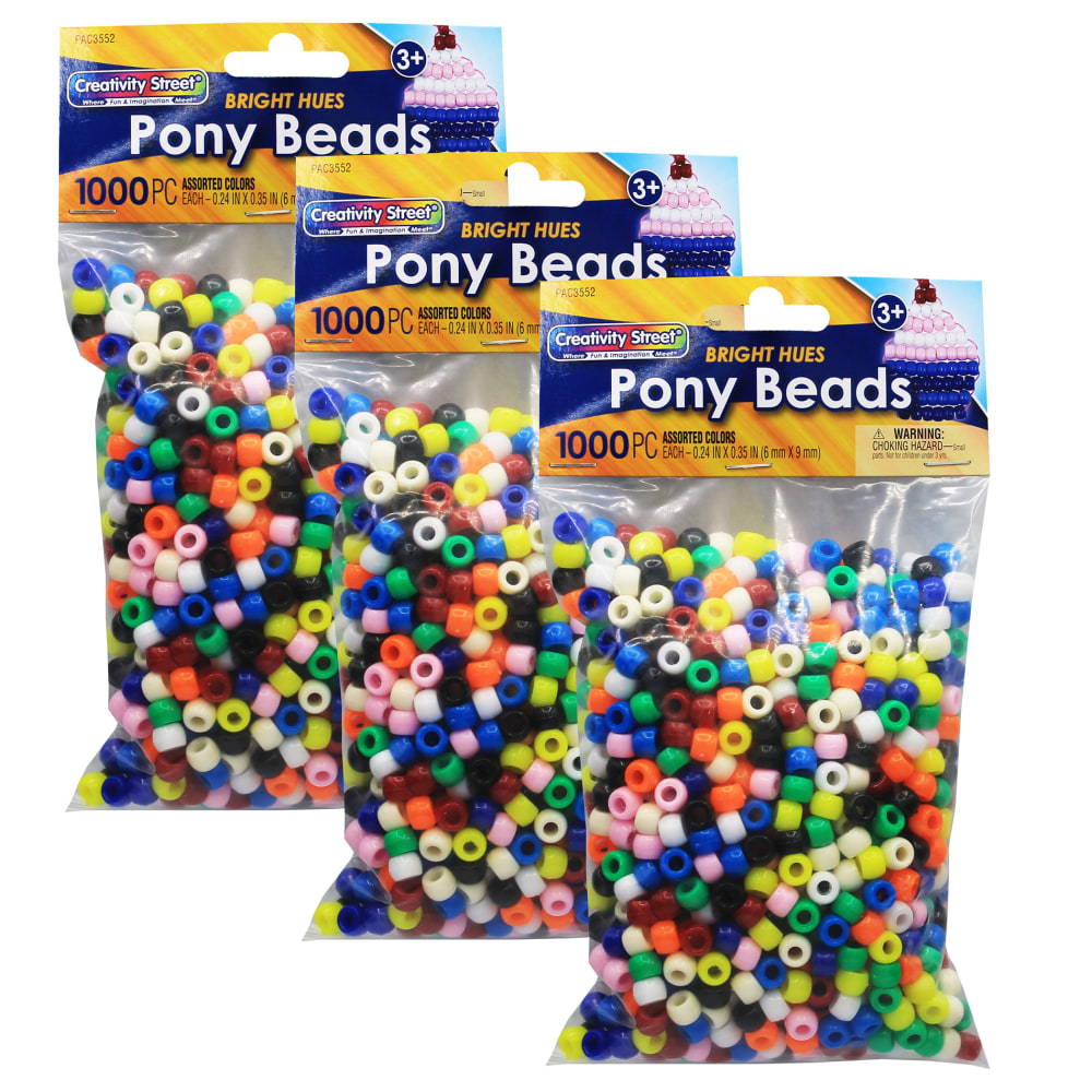 Creativity Street Plastic Pony Beads, 6 mm X 9 mm, Assorted Colors, 1000 Beads Per Pack, Set Of 3 Packs MPN:CK-3552-3