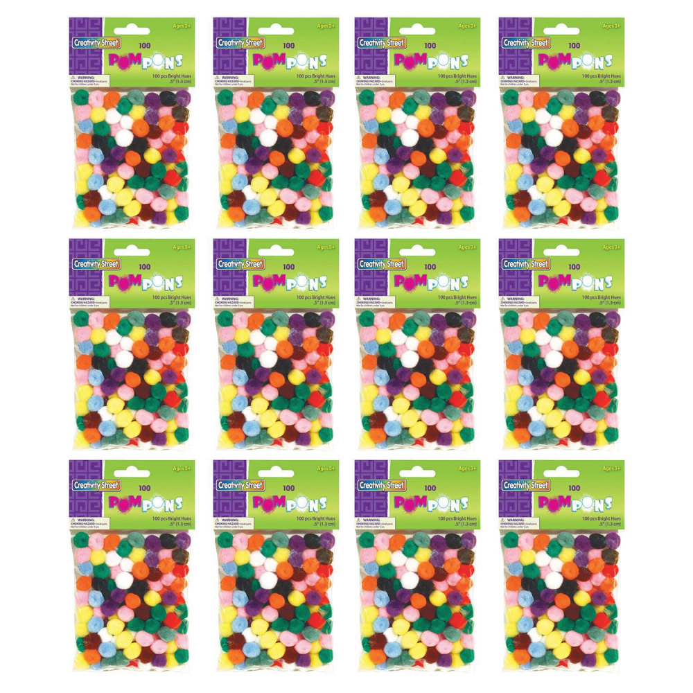 Creativity Street Pom Poms, 1/2in, Bright Hues Assortment, 100 Pom Poms Per Pack, Set Of 12 Packs MPN:CK-811401-12