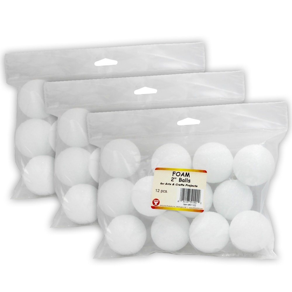 Hygloss Craft Foam Balls, 2 Inch, White, 12 Balls Per Pack, Set Of 3 Packs MPN:HYG51102-3