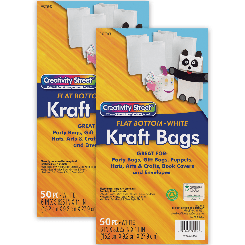 Creativity Street Kraft Bags, 6in x 3-5/8in x 11in, White, 50 Bags Per Pack, Set Of 2 Packs MPN:PAC72005-2