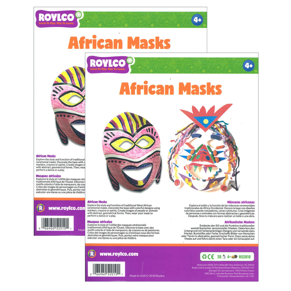 Roylco African Masks, White, 20 Masks Per Pack, Set Of 2 Packs MPN:R-52010-2