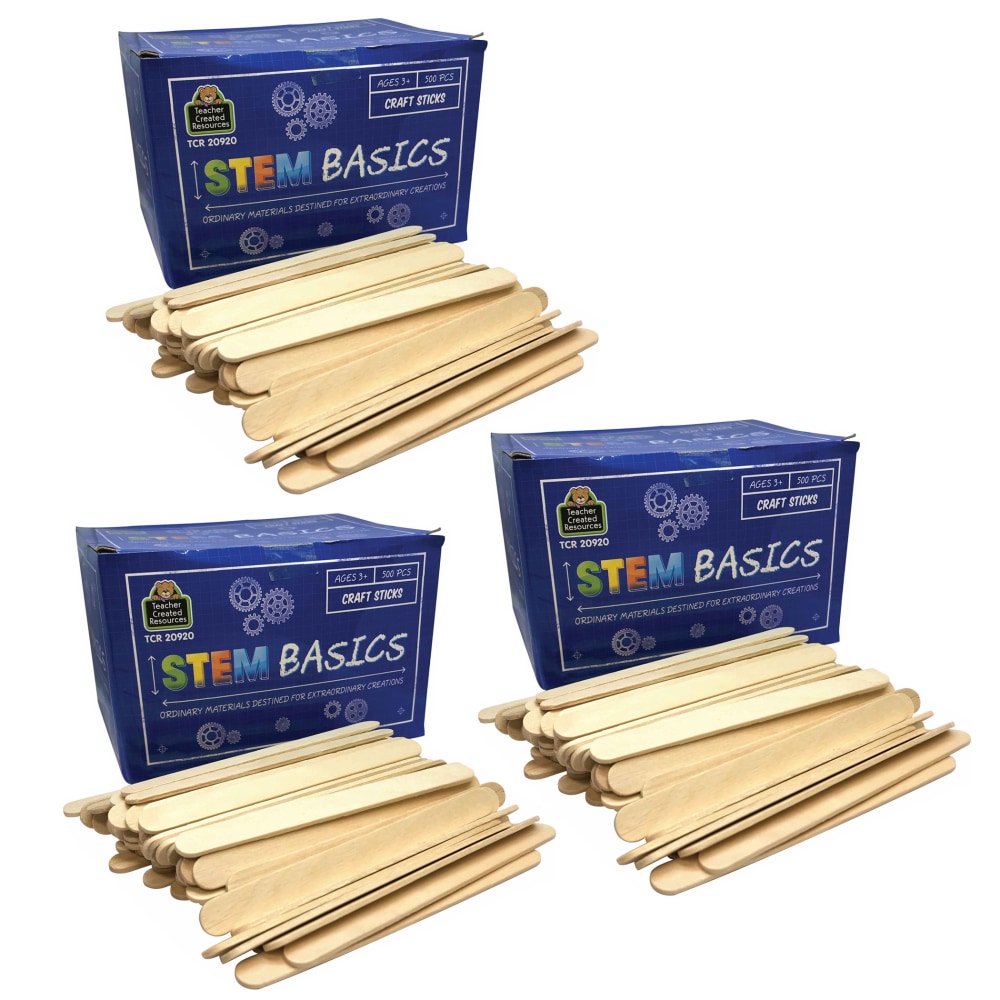 Teacher Created Resources STEM Basics Craft Sticks, Natural, 4-1/2in x 3/8in, Pack Of 500 Sticks, Case Of 3 Packs MPN:TCR20920-3