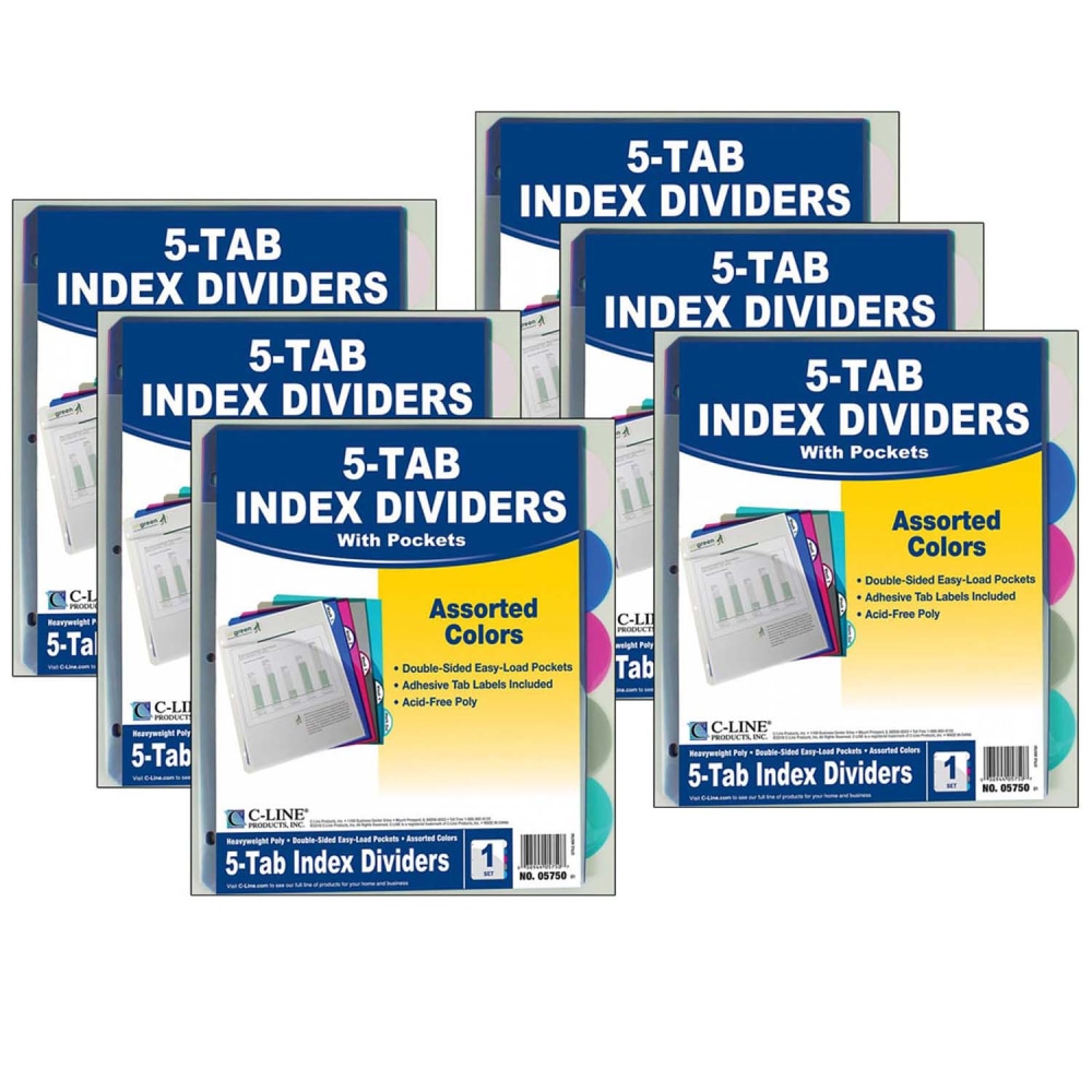 C-Line 5-Tab Poly Index Dividers With Slant Pocket, 8-1/2in x 11in, Assorted, 5 Dividers Per Pack, Set Of 6 Packs MPN:CLI05750-6
