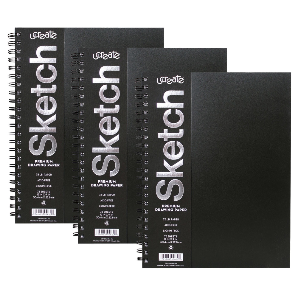 Pacon UCreate Poly Cover Sketch Books, 12in x 9in, 75 Sheets, Black, Pack Of 3 Books MPN:PACCAR37088-3
