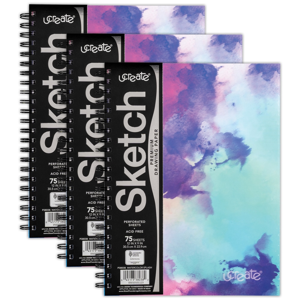 UCreate Fashion Poly Sketch Books, 75 Sheets, 12in x 9in, Unruled, Watercolor Splash, Pack Of 3 Books MPN:PAC38038-3
