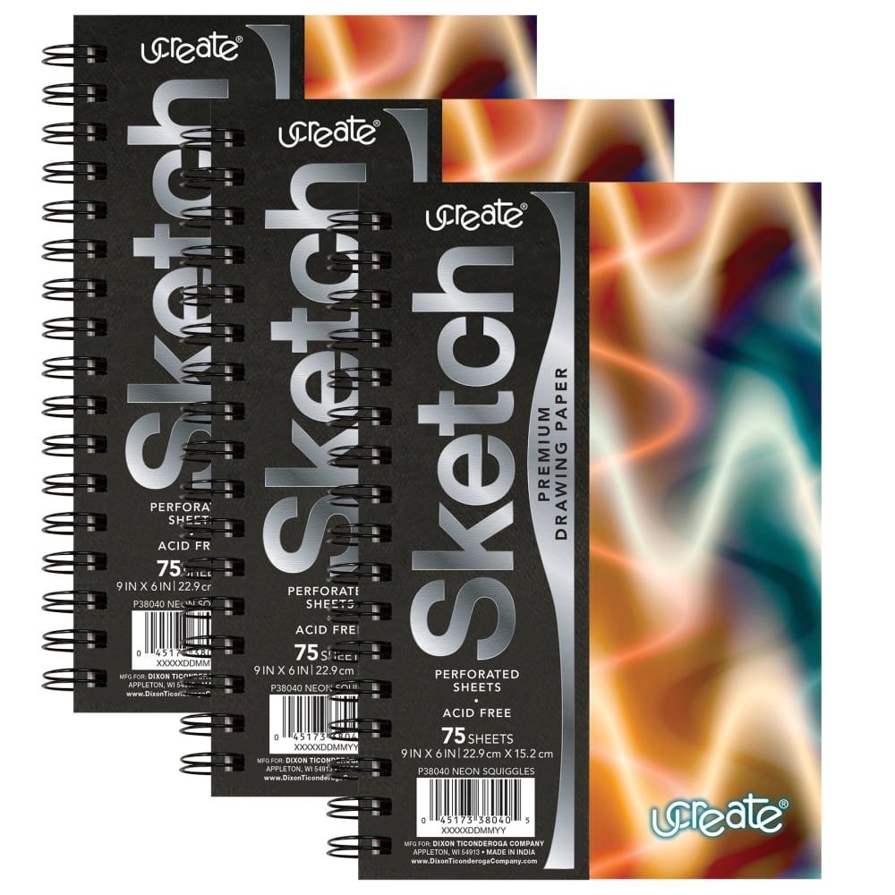 UCreate Fashion Poly Sketch Books, 75 Sheets, 6in x 9in, Neon Squiggles, Pack Of 3 Books MPN:PAC38040-3