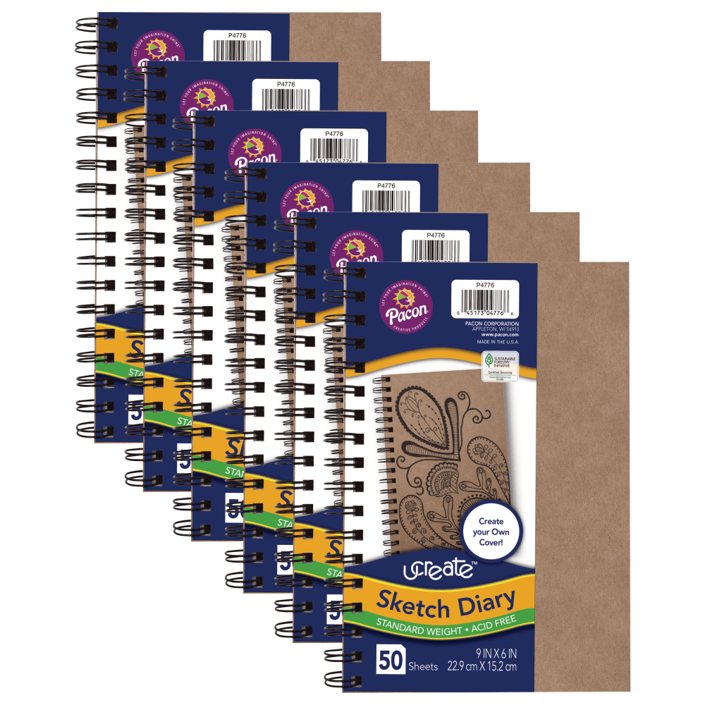 Pacon UCreate Create Your Own Cover Sketch Diaries, 9in x 6in, Natural, 50 Sheets, Pack Of 6 Diaries MPN:PAC4776-6