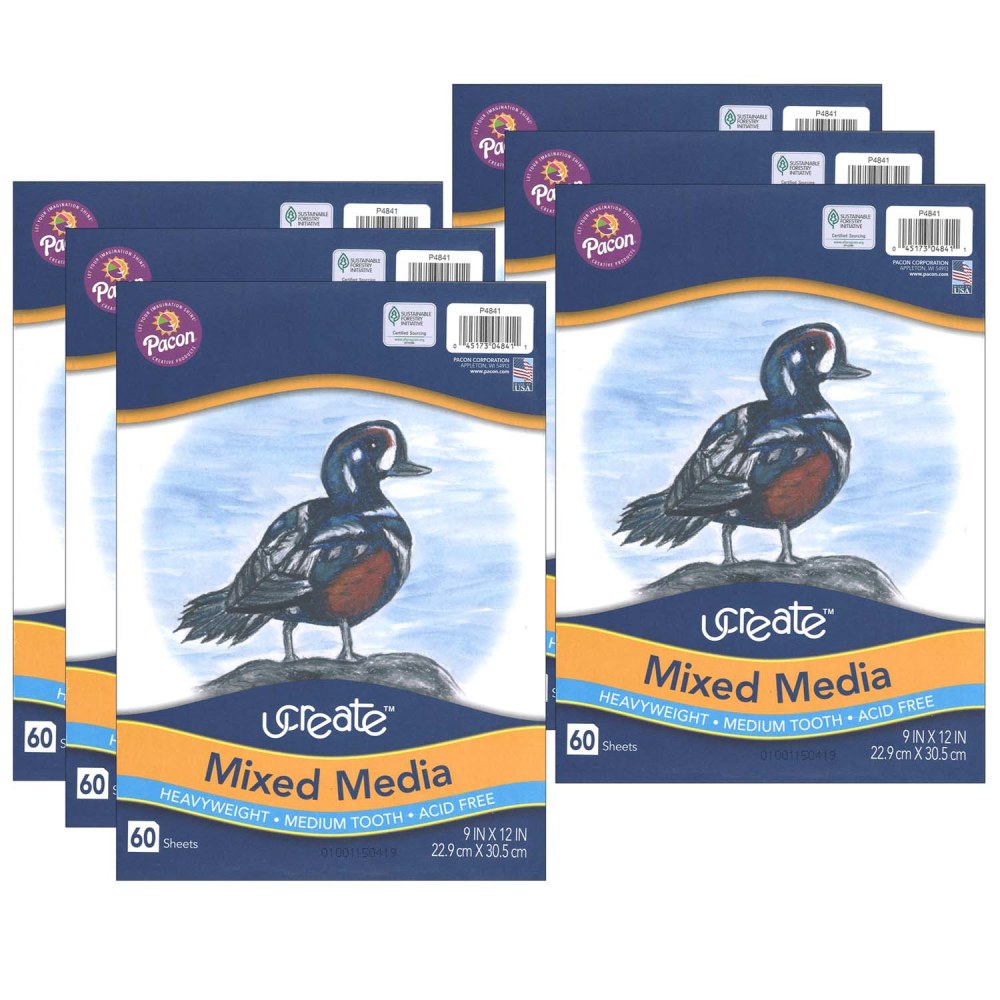 Pacon UCreate Mixed Media Art Paper, Heavyweight, 9in x 12in, White, 60 Sheets Per Pack, Set Of 6 Packs MPN:PAC4841-6