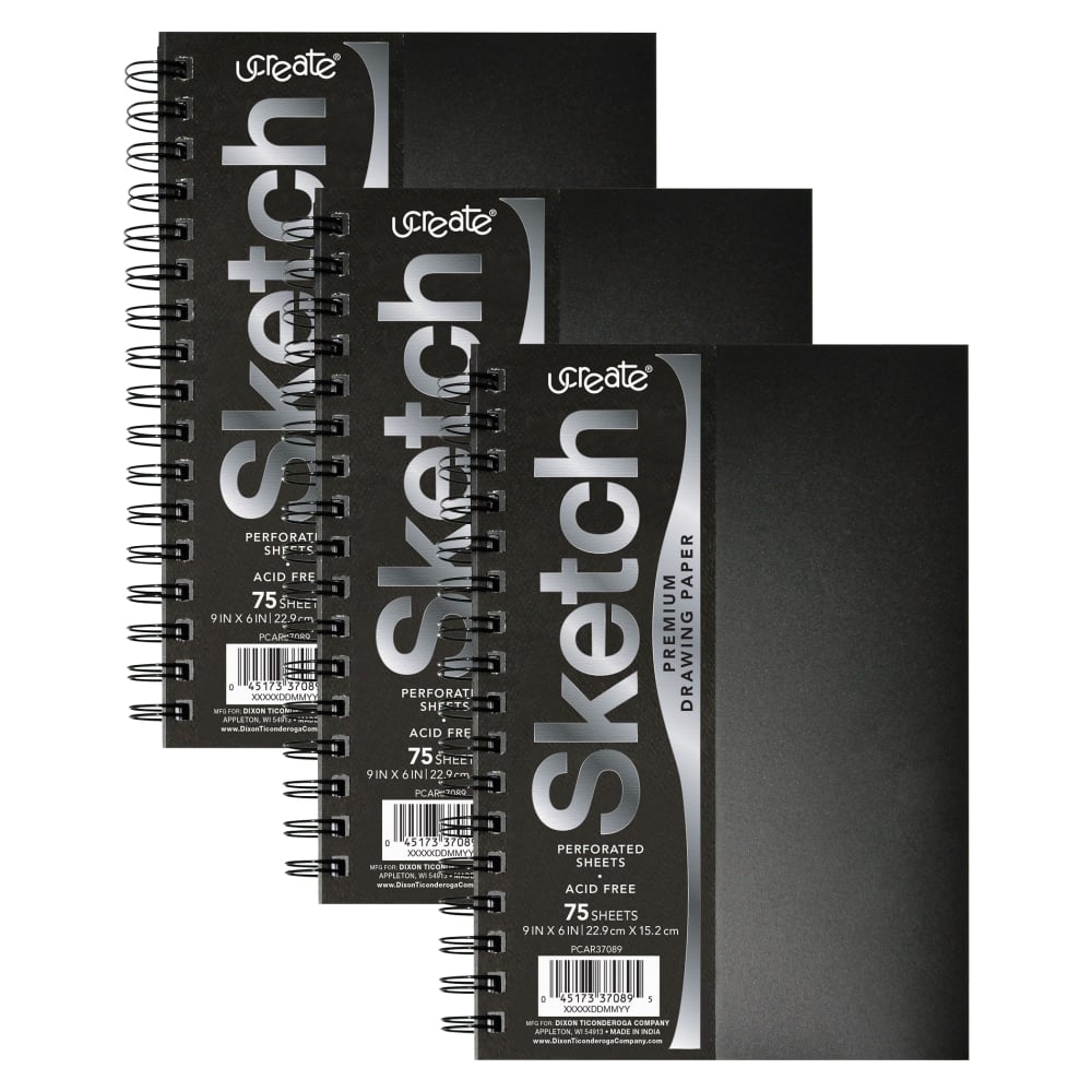 Pacon UCreate Poly Cover Sketch Books, 6in x 9in, 75 Sheets, Black, Pack Of 3 Books MPN:PACCAR37089-3