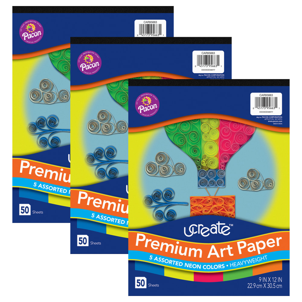 UCreate Premium Neon Art Paper Pads, 9in x 12in, 5 Assorted Colors, 50 Sheets Per Pad, Pack Of 3 Pads MPN:PACCAR95663-3