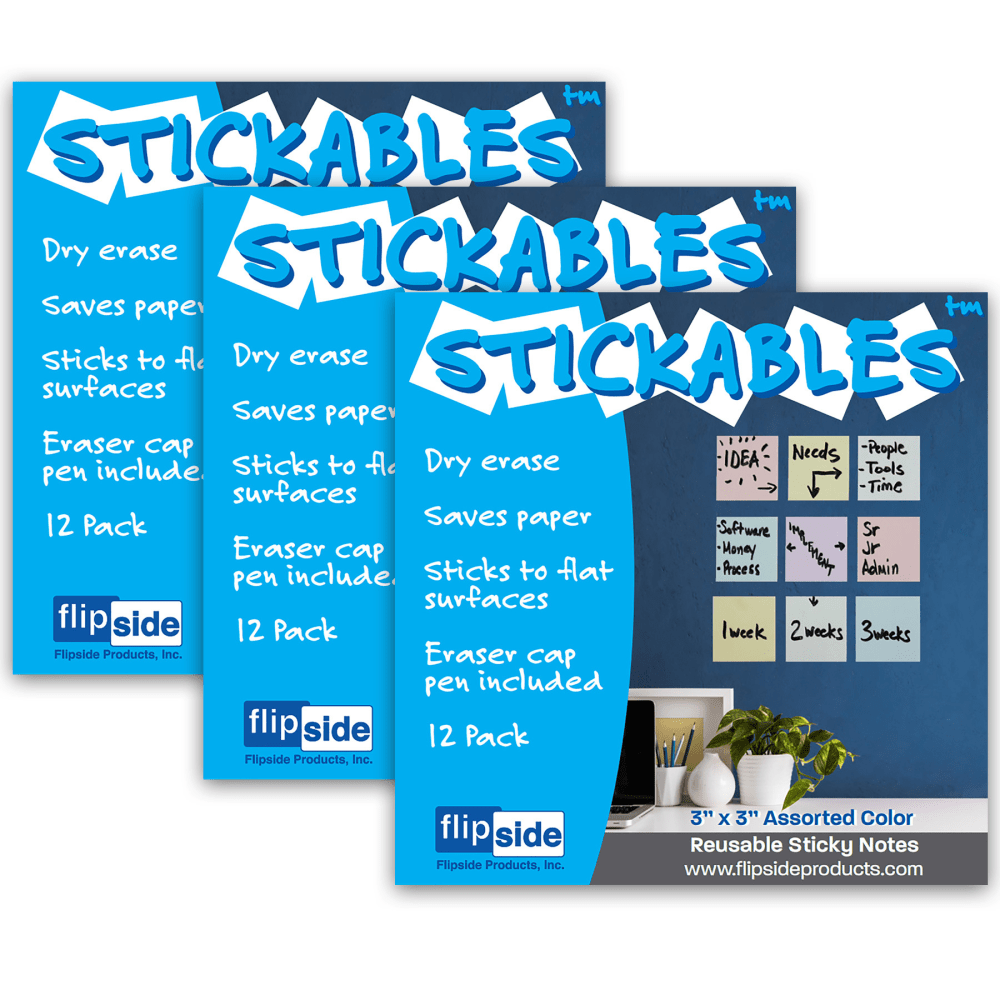 Flipside Products Dry-Erase Stickables With Dry-Erase Marker, 3in x 3in, Assorted Pastels, 12 Stickables Per Pack, Set Of 3 Packs MPN:FLP94433-3