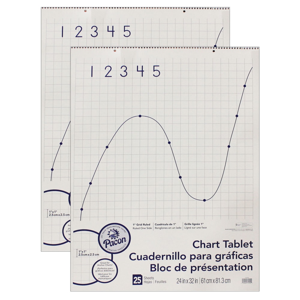 Pacon Grid-Ruled Chart Tablets, Spiral Bound, 24in x 32in, 1in Grid, 25 Sheets, White, Pack Of 2 Tablets MPN:PAC74700-2