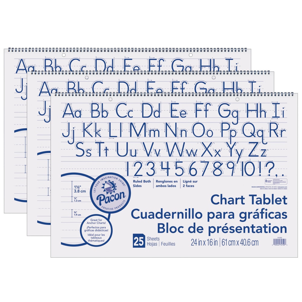 Pacon Chart Tablets, Manuscript Cover, 24in x 16in, 1-1/2in Ruled, White, 25 Sheets Per Tablet, Pack Of 3 Tablets MPN:PAC74720-3
