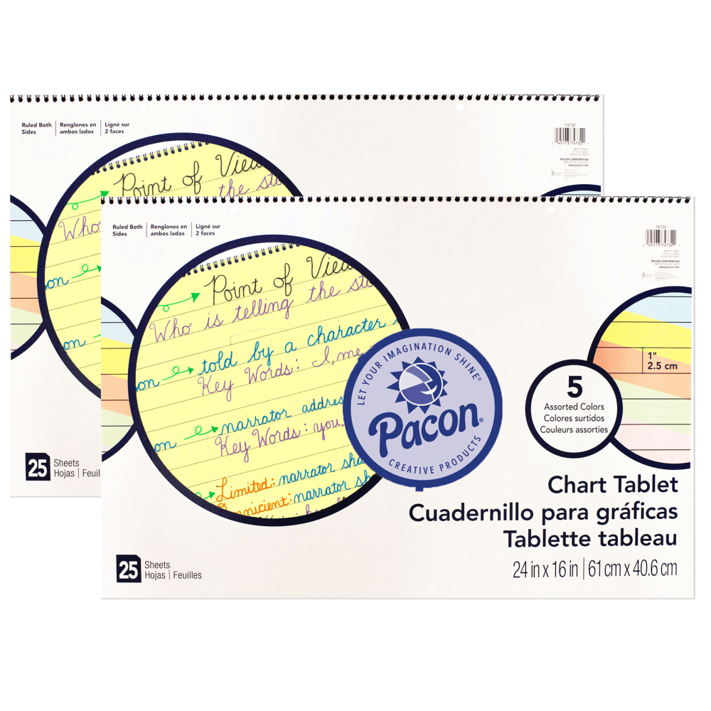 Pacon Colored Paper Chart Tablets, Cursive Cover, 24in x 16in, 1in Rule, 25 Sheets, Assorted Colors, Pack Of 2 Tablets MPN:PAC74732-2