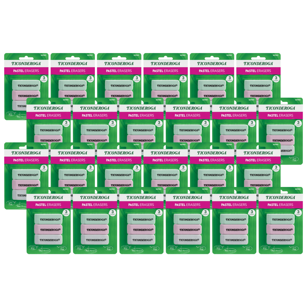 Ticonderoga Wedge Erasers, 13/16inH x 2-5/16inW x 7/16inD, Pastel Colors, 3 Erasers Per Pack, Set Of 24 Packs MPN:DIX37003-24