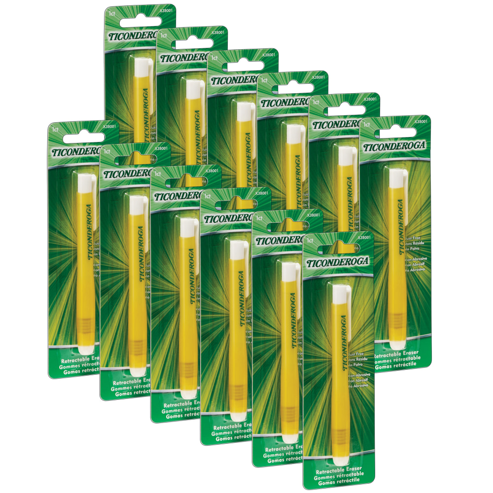 Ticonderoga Retractable Erasers, 5in, Yellow/White, Pack Of 12 Erasers MPN:DIX38001-12