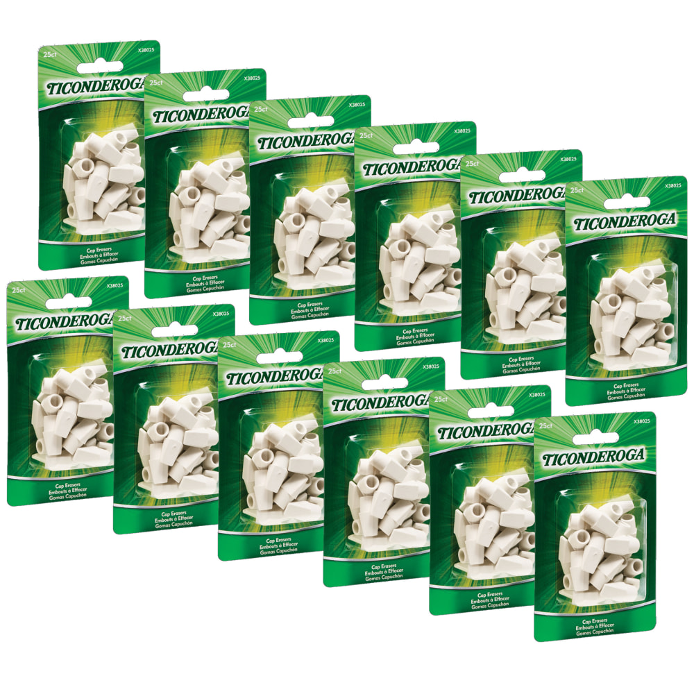 Ticonderoga Wedge Cap Erasers, 1in x 1/2in, White, 25 Erasers Per Pack, Set Of 12 Packs MPN:DIX38025-12