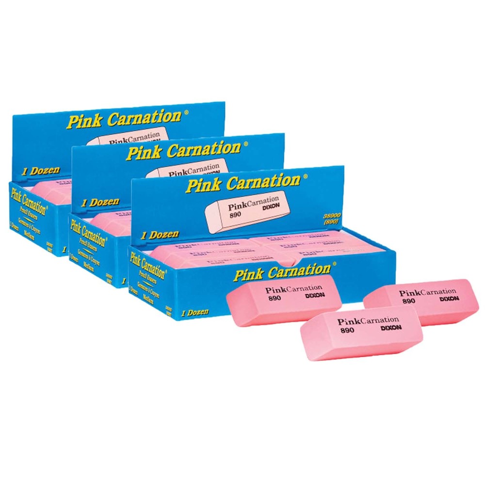 Dixon Medium Erasers, 2-5/16in x 13/16in x 7/17in, Pink Carnation, Pack Of 12 Erasers, Set Of 3 Packs MPN:DIX38900-3