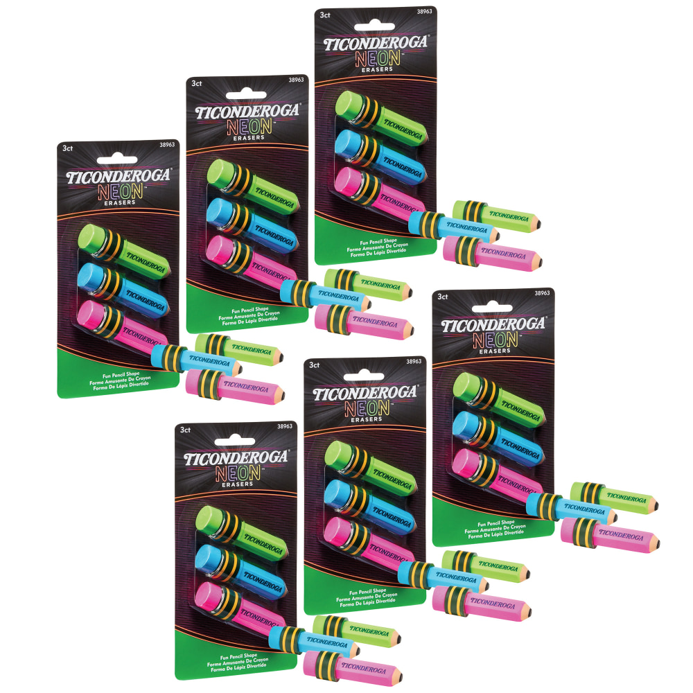 Ticonderoga Pencil-Shaped Erasers, 3in x 3/4in, Neon, 3 Erasers Per Pack, Set Of 6 Packs MPN:DIX38963-6