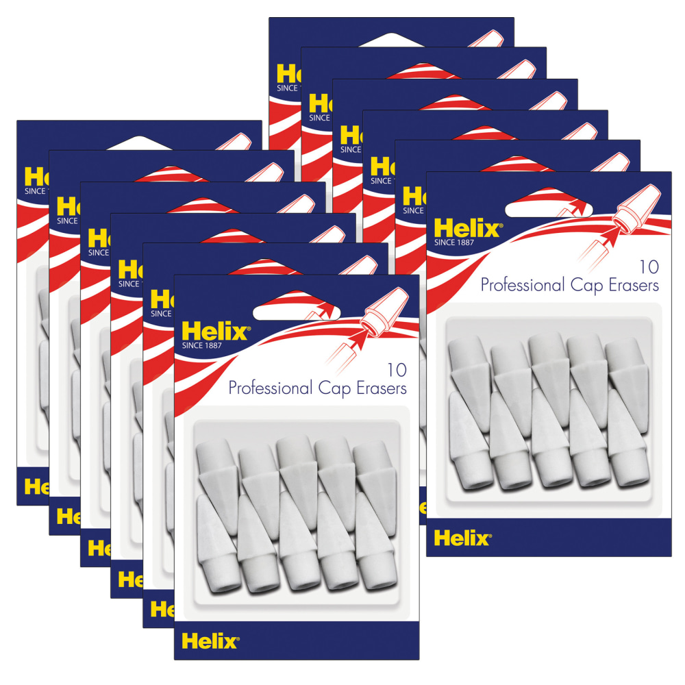 Helix Professional Pencil Cap Erasers, White, Pack Of 10 Erasers, Set Of 12 Packs MPN:MAP37360-12