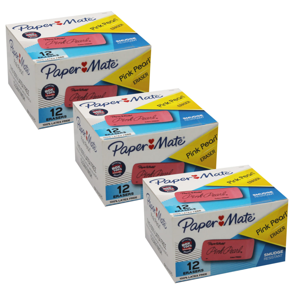 Paper Mate Pink Pearl Erasers, Large, Pink, Pack Of 12 Erasers, Set Of 3 Packs MPN:SAN70521BX-3