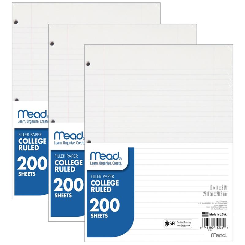 Mead Notebook Filler Paper, 8in x 10-1/2in, College Ruled, 200 Sheets Per Pack, Case Of 3 Packs MPN:MEA15326-3