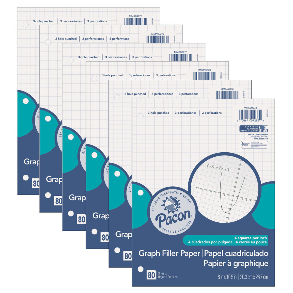 Pacon Graphing Paper, 8in x 10-1/2in, 1/4in Quadrille Ruled, White, 80 Sheets Per Pack, Case Of 6 Packs MPN:PACMMK09273-6
