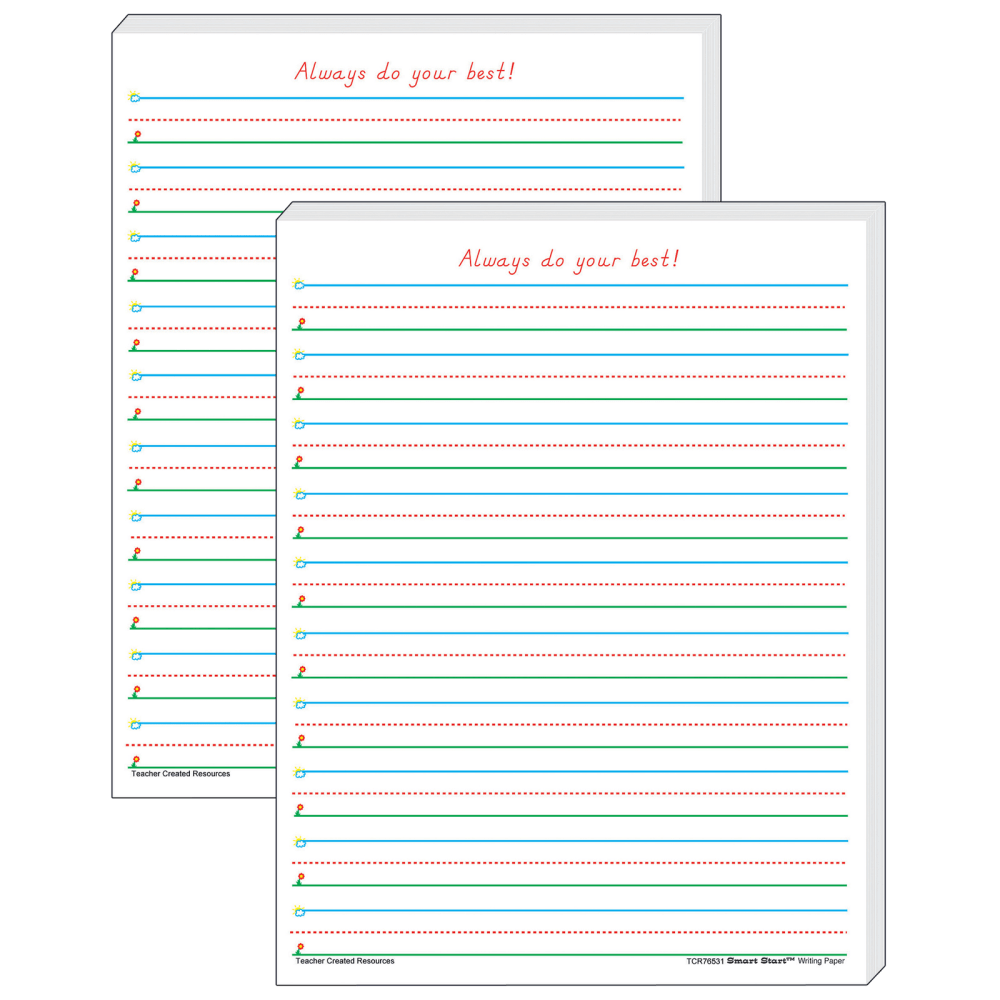 Teacher Created Resources Smart Start 1-2 Writing Paper, 8-1/2in x 11in, Primary Rule, White, 100 Sheets Per Pack, Set Of 2 Packs MPN:TCR76531-2