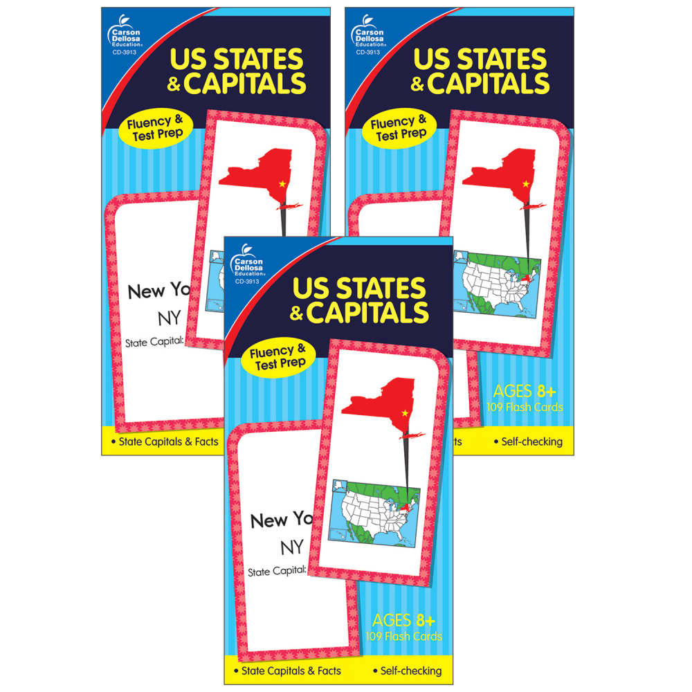 Carson Dellosa Education U.S. States & Capitals Flash Cards, Grade 3-5, 109 Cards Per Set, Pack Of 3 Sets MPN:CD-3913-3
