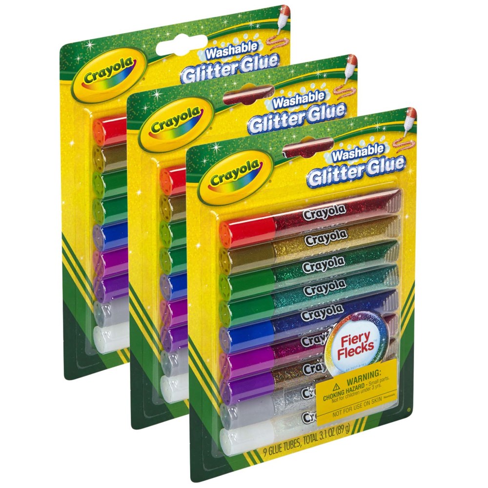 Crayola Bold Washable Glitter Glue With Fiery Flecks, 0.35 Fl Oz, Assorted Colors, 9 Glue Sticks Per Pack, Set Of 3 Packs MPN:BIN693527-3