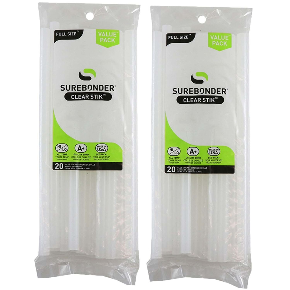 Surebonder Dual Temp Full Size Glue Sticks, Clear, 10in x 7/16in, Clear, Pack Of 20 Sticks, Set Of 2 Packs MPN:FPRDT2010-2